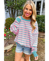 Pink Stripe Trimmed Round Neck Drop Shoulder Loose Sweater - M