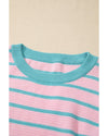 Pink Stripe Trimmed Round Neck Drop Shoulder Loose Sweater - M