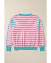 Pink Stripe Trimmed Round Neck Drop Shoulder Loose Sweater - M