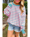 Pink Stripe Trimmed Round Neck Drop Shoulder Loose Sweater - M
