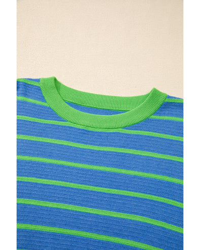 Sky Blue Stripe Trimmed Round Neck Drop Shoulder Loose Sweater - L