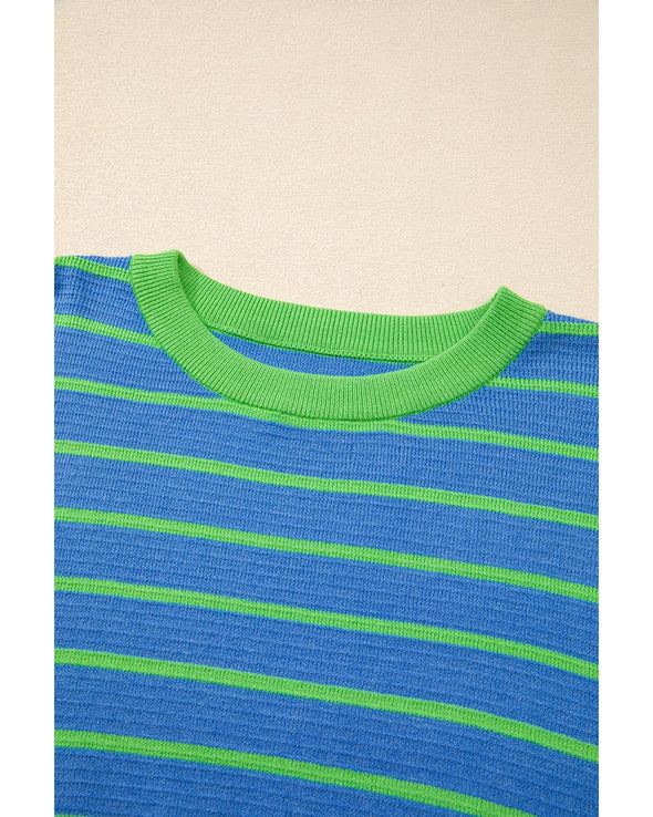 Sky Blue Stripe Trimmed Round Neck Drop Shoulder Loose Sweater - L