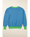 Sky Blue Stripe Trimmed Round Neck Drop Shoulder Loose Sweater - L