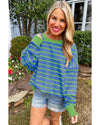 Sky Blue Stripe Trimmed Round Neck Drop Shoulder Loose Sweater - L