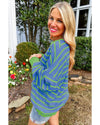 Sky Blue Stripe Trimmed Round Neck Drop Shoulder Loose Sweater - L