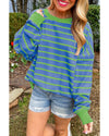 Sky Blue Stripe Trimmed Round Neck Drop Shoulder Loose Sweater - L