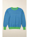 Sky Blue Stripe Trimmed Round Neck Drop Shoulder Loose Sweater - L