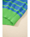 Sky Blue Stripe Trimmed Round Neck Drop Shoulder Loose Sweater - M