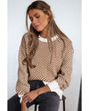 Coffee Contrast Edge Crew Neck Drop Shoulder Sweater - XL