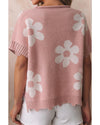 Light Pink Pearled Flower Distressed Edge Sweater T Shirt - L