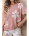 Light Pink Pearled Flower Distressed Edge Sweater T Shirt - S