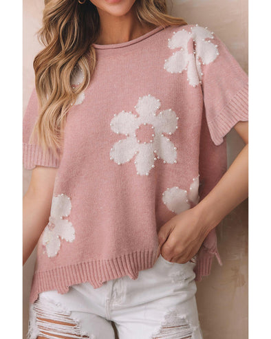 Light Pink Pearled Flower Distressed Edge Sweater T Shirt - S
