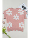 Light Pink Pearled Flower Distressed Edge Sweater T Shirt - S
