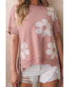 Light Pink Pearled Flower Distressed Edge Sweater T Shirt - S