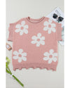 Light Pink Pearled Flower Distressed Edge Sweater T Shirt - S