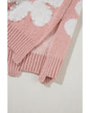 Light Pink Pearled Flower Distressed Edge Sweater T Shirt - S