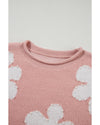 Light Pink Pearled Flower Distressed Edge Sweater T Shirt - S