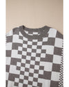 Gray Checkered Print Drop Shoulder Round Neck Sweater - M