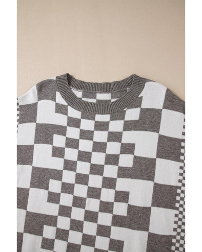 Gray Checkered Print Drop Shoulder Round Neck Sweater - M