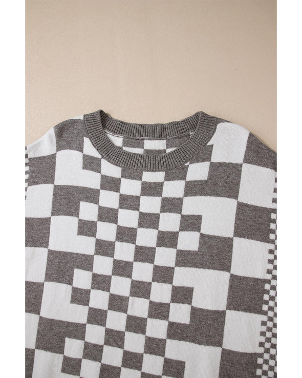 Gray Checkered Print Drop Shoulder Round Neck Sweater - M