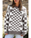 Gray Checkered Print Drop Shoulder Round Neck Sweater - M