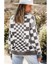 Gray Checkered Print Drop Shoulder Round Neck Sweater - M