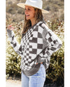 Gray Checkered Print Drop Shoulder Round Neck Sweater - M