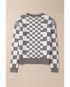 Gray Checkered Print Drop Shoulder Round Neck Sweater - S