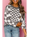 Gray Checkered Print Drop Shoulder Round Neck Sweater - S