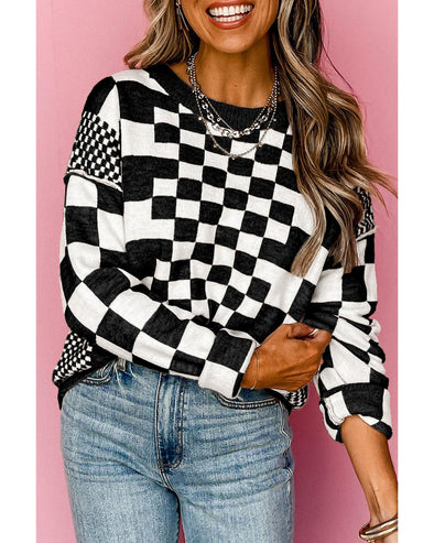 Black Checkered Print Drop Shoulder Round Neck Sweater - L