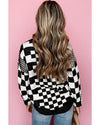 Black Checkered Print Drop Shoulder Round Neck Sweater - L