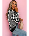 Black Checkered Print Drop Shoulder Round Neck Sweater - M