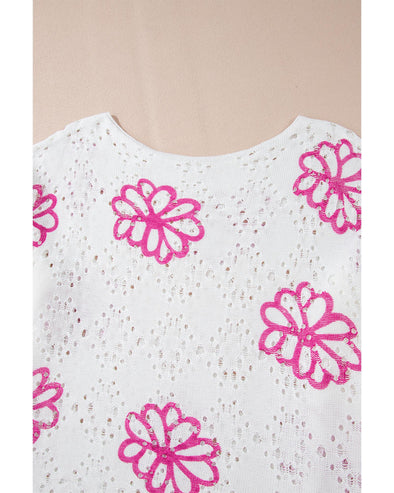 White Contrast Flower Print Eyelet Drop Shoulder Sweater - S