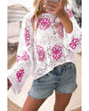 White Contrast Flower Print Eyelet Drop Shoulder Sweater - S