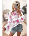 White Contrast Flower Print Eyelet Drop Shoulder Sweater - S