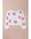 White Contrast Flower Print Eyelet Drop Shoulder Sweater - S