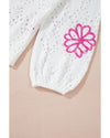 White Contrast Flower Print Eyelet Drop Shoulder Sweater - S
