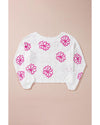 White Contrast Flower Print Eyelet Drop Shoulder Sweater - S