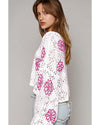 White Contrast Flower Print Eyelet Drop Shoulder Sweater - S