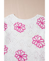 White Contrast Flower Print Eyelet Drop Shoulder Sweater - XL