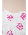 White Contrast Flower Print Eyelet Drop Shoulder Sweater - XL