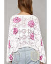 White Contrast Flower Print Eyelet Drop Shoulder Sweater - XL