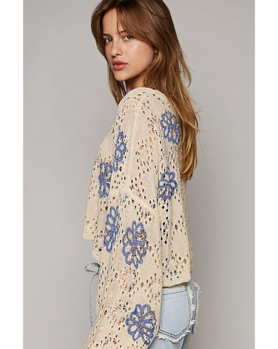 Beige Contrast Flower Print Eyelet Drop Shoulder Sweater - M