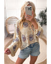 Beige Contrast Flower Print Eyelet Drop Shoulder Sweater - M