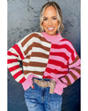 Pink Stripe Color Block High Neck Drop Shoulder Loose Sweater - L