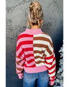 Pink Stripe Color Block High Neck Drop Shoulder Loose Sweater - L