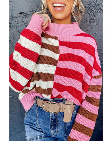 Pink Stripe Color Block High Neck Drop Shoulder Loose Sweater - XL