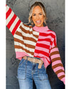 Pink Stripe Color Block High Neck Drop Shoulder Loose Sweater - XL