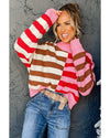 Pink Stripe Color Block High Neck Drop Shoulder Loose Sweater - XL