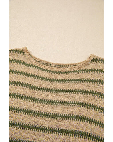 Khaki Stripe Drop Shoulder Casual Sweater - L